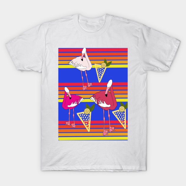 Flamingo Cocktails at Sunset Blue T-Shirt by DebutPages 